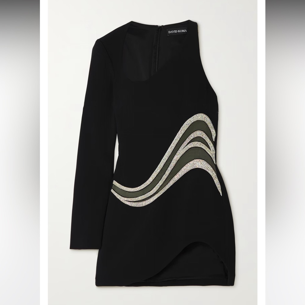David Koma One-sleeve crystal-embellished mesh-trimmed cady mini dress UK8/US4